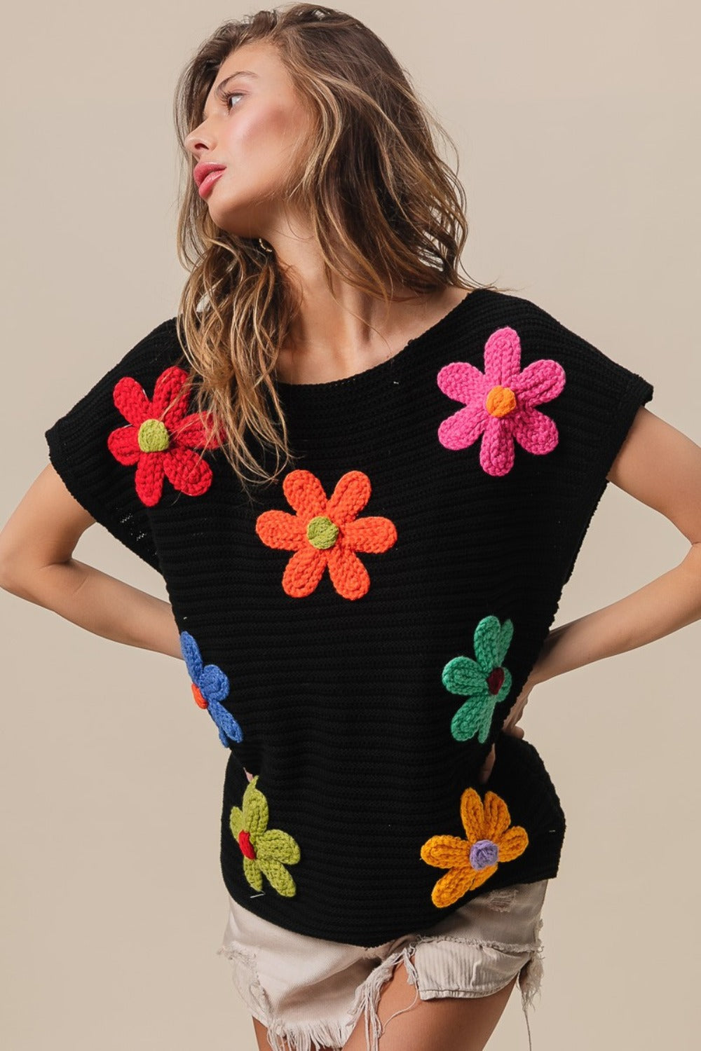 BiBi Flower Round Neck Cap Sleeve Knit Top