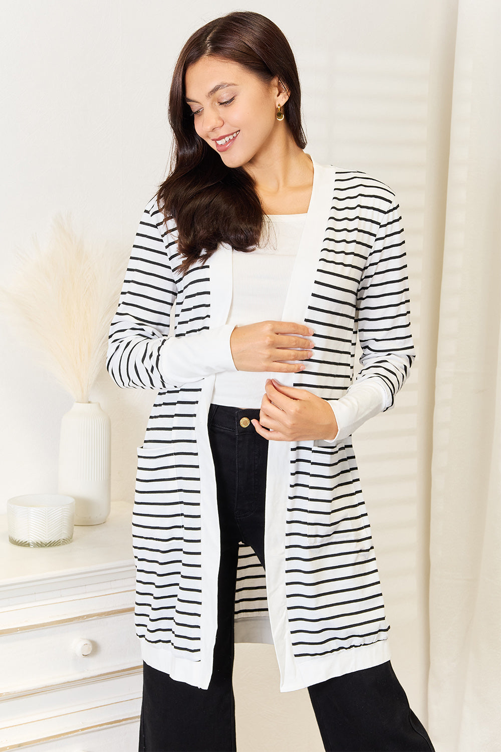 Double Take Striped Open Front Longline Cardigan