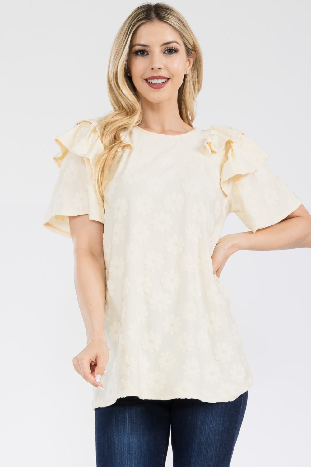 Celeste Full Size Ruffle Layered Short Sleeve Daisy Floral Top