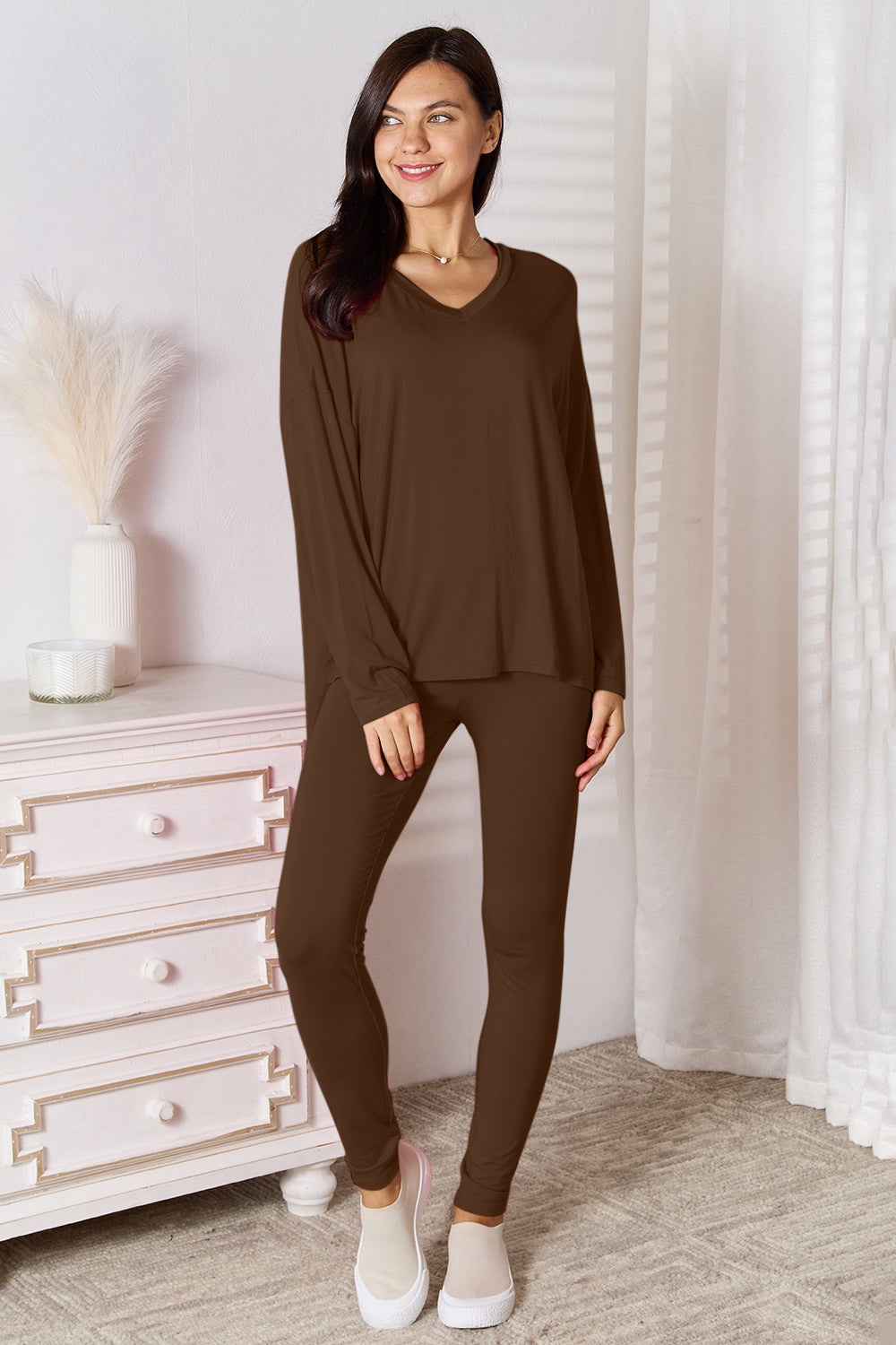 Basic Bae Full Size V-Neck Soft Rayon Long Sleeve Top and Pants Lounge Set