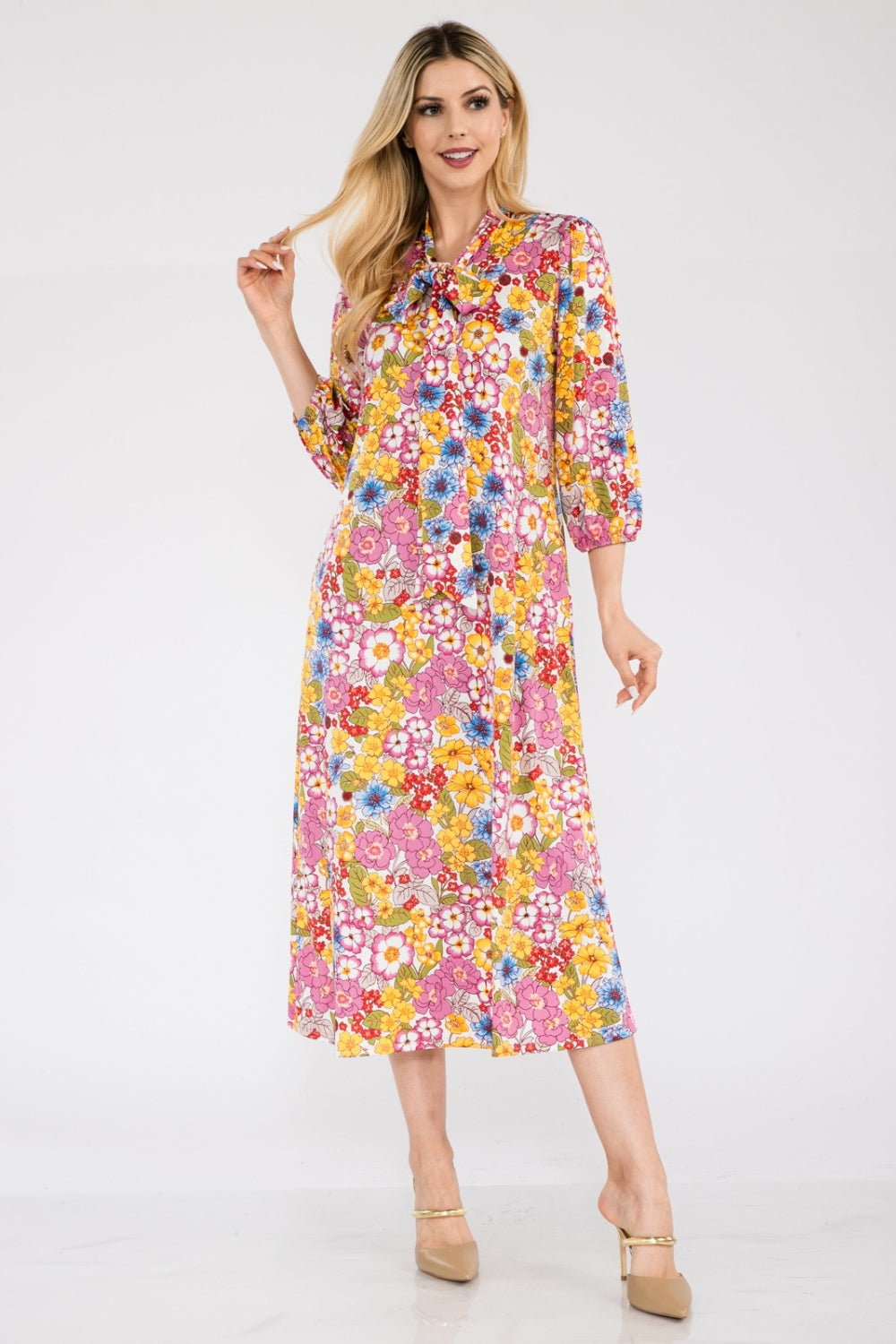 Celeste Full Size Floral Midi Dress with Bow Tied