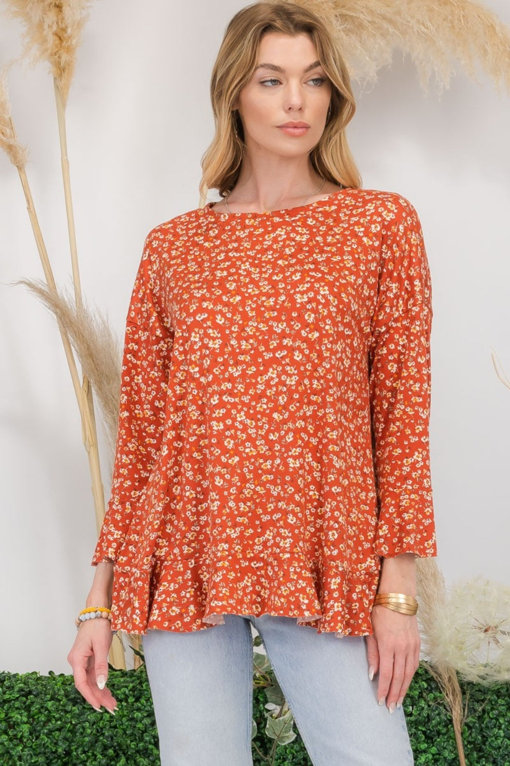 Celeste Full Size Floral Ruffle Detail Top