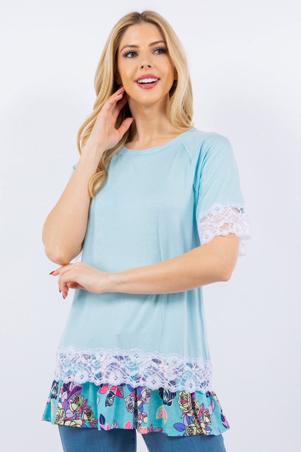 Celeste Full Size Lace Trim Short Sleeve Top